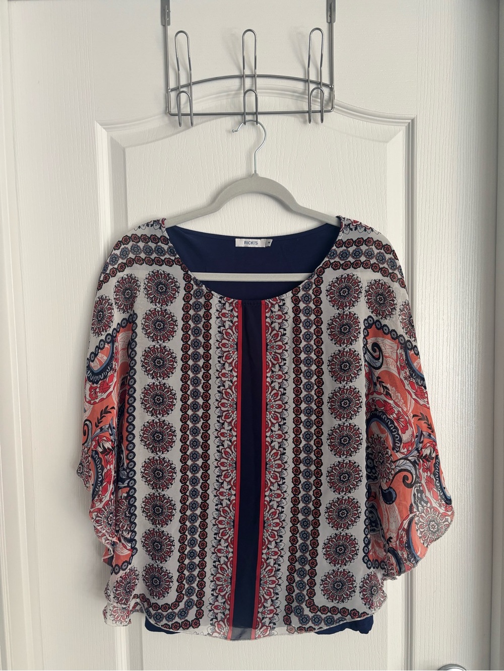 Ricki's Navy and Coral Printed Flutter Sleeve Blouse